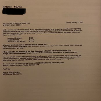 Anytime Fitness - Cancellation letter after paid for 30 day cancel fee and fob key fee - Gyms Near Me - Morgan Hill, California