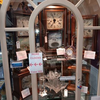 Somewhere In Time - One of our display cabinets with multiple clocks and a few antiques (just for show) We like to share our stories and hear about yours! - Clock Repair Near Me - Palmetto, Florida Somewhere In Time - One of our display cabinets with multiple clocks and a few antiques (just for show) We like to share our stories and hear about yours! - Clock Repair Near Me - Palmetto, Florida