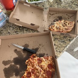 Didn't take pictures until we were half way done. Large pepperoni, small sausage pizza and 2 garden salads.