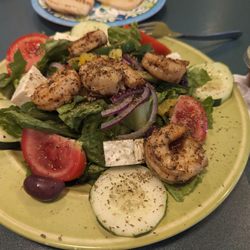 Tzatziki Greek Street Food - Good Greek salad with grilled shrimp. Great dressing. Feta is too strong. Good lemon rice soup. Spacious.