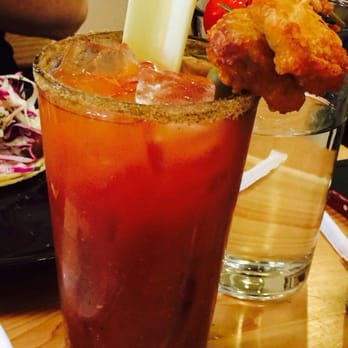 Seabirds Kitchen - $7 bloody Mary served all day.  Yep, that's a fried pickled. - Vegan Near Me - Costa Mesa, California