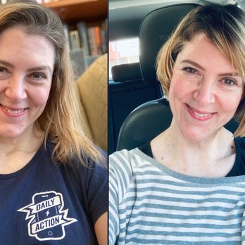 Reconnect Hair Design - Before in navy tee, After in stripes. Like obv, right? - Hair Salons Near Me - Burlingame, California Reconnect Hair Design - Before in navy tee, After in stripes. Like obv, right? - Hair Salons Near Me - Burlingame, California