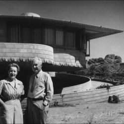 David and Gladys Wright House - (from the archives) David and wife Gladys Wright by their house built by David's Father, Frank Lloyd Wright in 1952