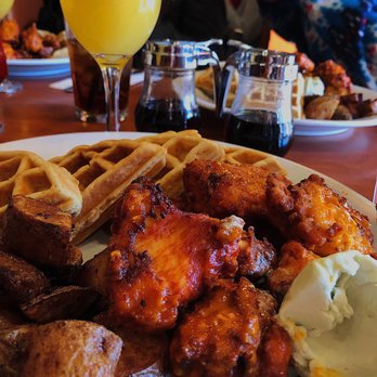 Home Grown Cafe - Buffalo chicken & waffles with bleu cheese butter!! - New American Near Me - Newark, Delaware Home Grown Cafe - Buffalo chicken & waffles with bleu cheese butter!! - New American Near Me - Newark, Delaware