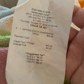 EVA Nails & Spa - Receipt showing the up charge for an "exotic shape" - Nail Salons Near Me - Arlington, Texas