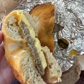 Bagel Sphere - Jalapeño cheddar bagel with Sausage, Egg & Cheese - Bagels Near Me - Eugene, Oregon