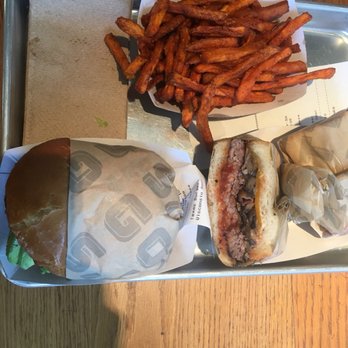 Gotts Roadside - Top: Sweet Potato Fries Bottom: left: Texas Burger Right: Wisconsin Sourdough Burger - Burgers Near Me - Napa, California Gotts Roadside - Top: Sweet Potato Fries Bottom: left: Texas Burger Right: Wisconsin Sourdough Burger - Burgers Near Me - Napa, California