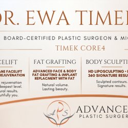 Advanced Plastic Surgery - Dr. Ewa Timek, board-certified plastic surgeon, highlights her Core 4 specialties: Facelift, Fat Grafting, Body Sculpting, and Lipedema.