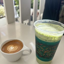 Cortado and iced matcha