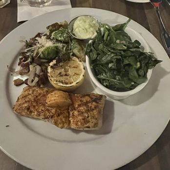 Rock'N Fish - Blackened halibut , Brussels sprouts and spinach - Seafood Near Me - Manhattan Beach, California Rock'N Fish - Blackened halibut , Brussels sprouts and spinach - Seafood Near Me - Manhattan Beach, California