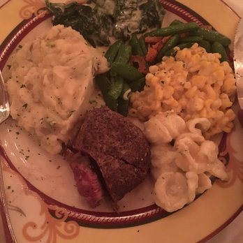 III Forks - 8 ounce filet with their normal set up of mashed potatoes creamed corn &snow peas w/Mac&cheese and cream spinach al a cart. - Steakhouses Near Me - Frisco, Texas III Forks - 8 ounce filet with their normal set up of mashed potatoes creamed corn &snow peas w/Mac&cheese and cream spinach al a cart. - Steakhouses Near Me - Frisco, Texas