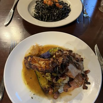 Donato Enoteca - Calamari squid ink pasta & the pork chop delight w/ seasonal veg. - Italian Near Me - Redwood City, California Donato Enoteca - Calamari squid ink pasta & the pork chop delight w/ seasonal veg. - Italian Near Me - Redwood City, California