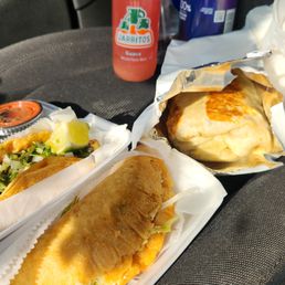 Burrito de Asada, Taco Alambre, Corn Quesadilla Campechano, and Guava Jarritos