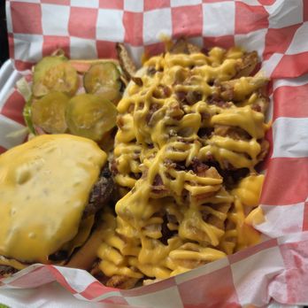 Big Ray's Burgers & Dogs - Double Quarter Pounder with cheese, lettuce, pickles, tomato, mayo, ketchup, and mustard, and an order of cheesy bacon chicken fries. - Burgers Near Me - Camp Hill, Pennsylvania