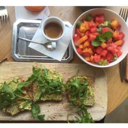 Lovely breakfast of gluten free avocado toast and a huge fruit salad