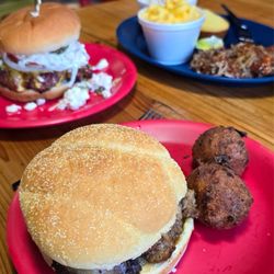 Smoked burger, brisket, and pulled pork.