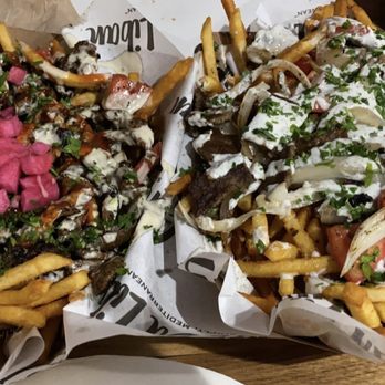Cafe Du Liban - Beef shawarma fries (left) and Gyro fries (right) - Middle Eastern Near Me - Tarzana, California Cafe Du Liban - Beef shawarma fries (left) and Gyro fries (right) - Middle Eastern Near Me - Tarzana, California