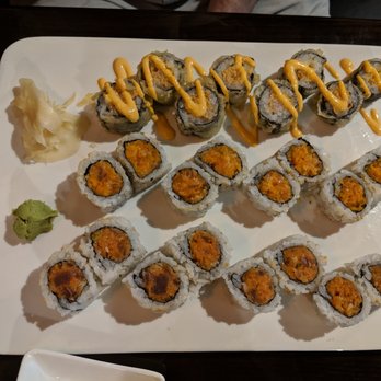 Fuji Yama - Spicy tuna, spicy salmon, and I believe a spicy Boston. - Japanese Near Me - Grand Rapids, Michigan Fuji Yama - Spicy tuna, spicy salmon, and I believe a spicy Boston. - Japanese Near Me - Grand Rapids, Michigan