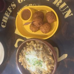 Bolitas De Queso (Smoked Gouda, Edam Cheese, & Guava Yaba Glaze) & Mac & cheese with brisket Bolitas De Queso (Smoked Gouda, Edam Cheese, & Guava Yaba Glaze) & Mac & cheese with brisket