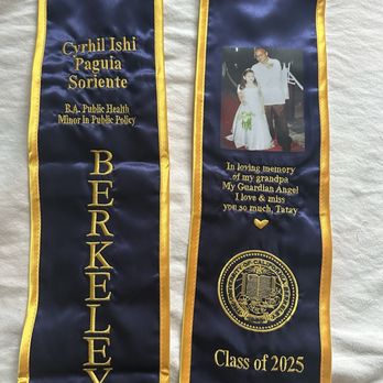 Nakoshi - A navy blue graduation sash with gold embroidery, featuring a photo of a man and a girl, and text including a name, degree, and university seal. - Screen Printing/T-Shirt Printing Near Me - Milpitas, California