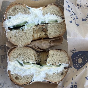 Boichik Bagels - toasted everything bagel w/ onion & chive cream cheese and cucumbers - Bagels Near Me - Los Gatos, California