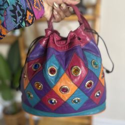 Elephant In My Room - Vintage Genuine Leather Colorblock Gem Bucket Handbag