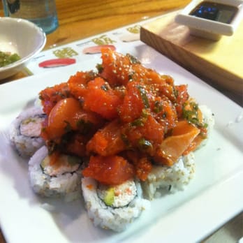 Sushi San - The mountain roll, a Cali roll topped with spicy tuna spicy salmon, so fresh! - Japanese Near Me - Gilbert, Arizona Sushi San - The mountain roll, a Cali roll topped with spicy tuna spicy salmon, so fresh! - Japanese Near Me - Gilbert, Arizona