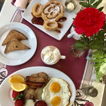 Carnation Cafe - Top: Mickey Mouse Shaped Waffle & Bottom: Oscar's Choice: All American Breakfast - American Near Me - Anaheim, California