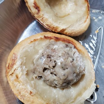 Le Croissant Dore - Looks like it's possible to break a pate chaud's shell fairly cleanly in half. (Photo taken with to-go pate chaud in tray used for warming) - Bakeries Near Me - Westminster, California