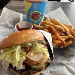 Fatburger - Burger with onion rings and fries!