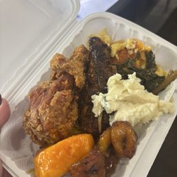 Crispy Fried Chicken, jerk chicken, collard greens, Mac and cheese, Mashed Potatoes,