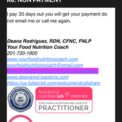 Your Food Nutrition Coach, LLC - She doesn't pay. I worked remote for her. Only received 1 payment. She is dodging me for final payment. After agreeing to pay