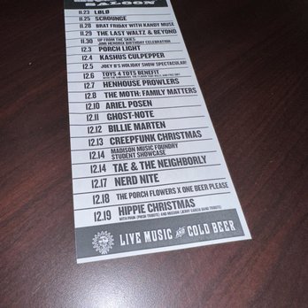 High Noon Saloon - Table flyer - Music Venues Near Me - Madison, Wisconsin