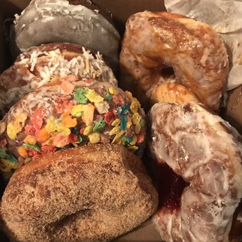 Angry Donut - Chocolate glazed, snickerdoodle, jelly filled, cinnamon sugar coated, fruity pebble and toasted coconut donuts. - Donuts Near Me - Newburyport, Massachusetts Angry Donut - Chocolate glazed, snickerdoodle, jelly filled, cinnamon sugar coated, fruity pebble and toasted coconut donuts. - Donuts Near Me - Newburyport, Massachusetts