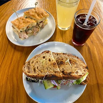 Arcade Downtown - pork belly sandwich, veggie sandwich, cold brew, peach green tea - Cafes Near Me - Riverside, California