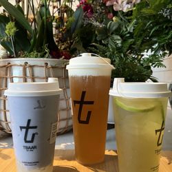 TBAAR - Left to right: Taro smoothie with lychee, sea salt milk foam green tea, lychee lime green tea