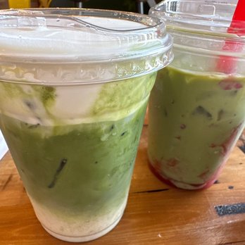 Cafe HwaSan - Cloud Matcha Latte (left) and Strawberry Matcha Latte Iced (right) - Korean Near Me - Plano, Texas