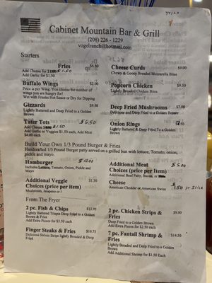 Menu photo 1 Cabinet Mountain Bar & Grill Clark Fork, ID Menu photo 1 Cabinet Mountain Bar & Grill Clark Fork, ID