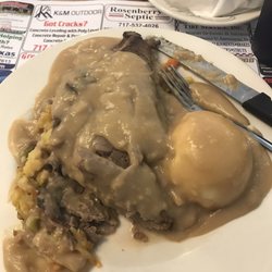 Greyhound Family Restaurant - Roast beef over stuffing with 2 sides. Huge!