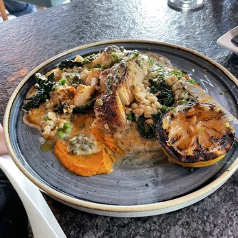 TMACS - Halibut, the presentation was beautiful, the pic not so much, taken shortly upon taking a bite because of the delightful aromas! - Italian Near Me - Walla Walla, Washington