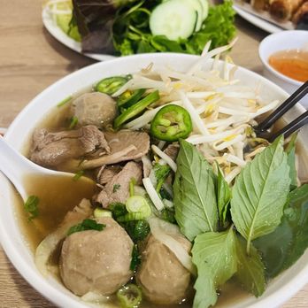 Saigon Flavor - Beef Pho with Rare Sliced Ribeye, Tendon, Beef Meatballs. Very good broth! - Vietnamese Near Me - San Gabriel, California Saigon Flavor - Beef Pho with Rare Sliced Ribeye, Tendon, Beef Meatballs. Very good broth! - Vietnamese Near Me - San Gabriel, California
