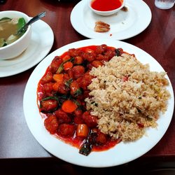 Dragon Palace - Sweet and sour pork with BBQ pork fried rice.