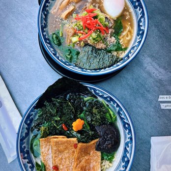 HINODEYA Ramen Union Square - Beef ramen on top, and vegan Zen ramen on bottom - Ramen Near Me - San Francisco, California