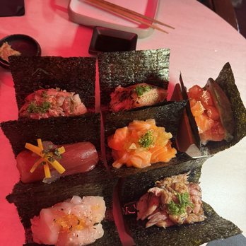 Mai - Spicy scallop, Akami, Apple salmon, duck foie gras, miso butter cod, salmon - Izakaya Near Me - Boston, Massachusetts