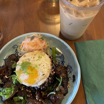 Hiraya Cafe  - SOY GARLIC BEEF RICE BOWL (TAPSILOG) +  Iced PANDAN LATTE - Filipino Near Me - Washington, DC, District of Columbia