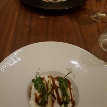 Indian Accent - Potato sphere chaat (front), Shakarkandi (back) - Indian Near Me - New York, New York Indian Accent - Potato sphere chaat (front), Shakarkandi (back) - Indian Near Me - New York, New York
