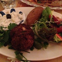 Restaurant Watertoren Eethuis - Feta stuffed meatball "sandwich" appetizer.  Description is misleading, but dish was very good.