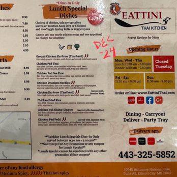 Eattini Thai Kitchen - Their menu specials, Dec 2024 - Thai Near Me - Ellicott City, Maryland