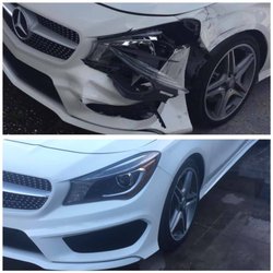 The Austin Body Shop - White Mercedes Collision Repair. -Front Bumper Damage Repair.