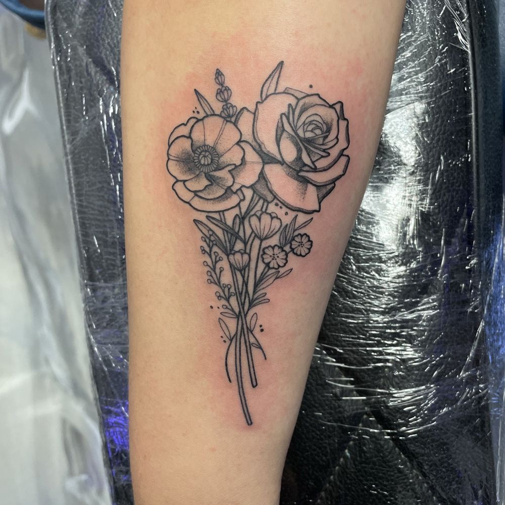 Golden Triangle Art Studio - My daughters's birth month flower and my birth month flower in a bouquet . - Tattoo Near Me - Upland, California Golden Triangle Art Studio - My daughters's birth month flower and my birth month flower in a bouquet . - Tattoo Near Me - Upland, California